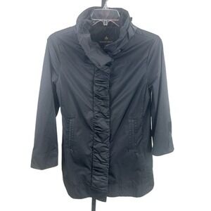 Rainforest Rain Jacket Coat Women's Size Medium Black Hooded Ruffle Front